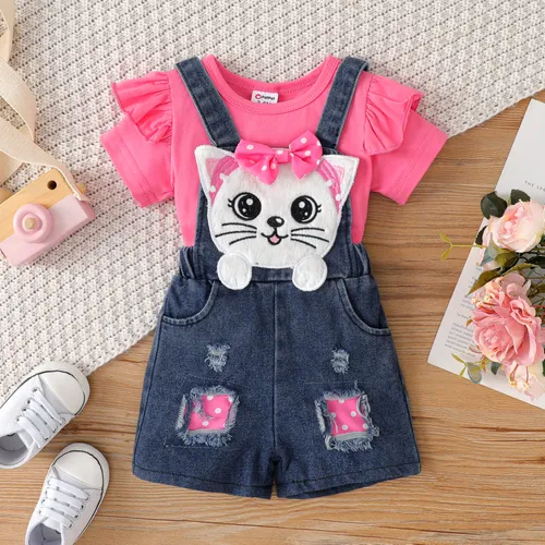 Cute 2pcs Cat Baby Girl Sets with Hole Design and Animal Pattern
