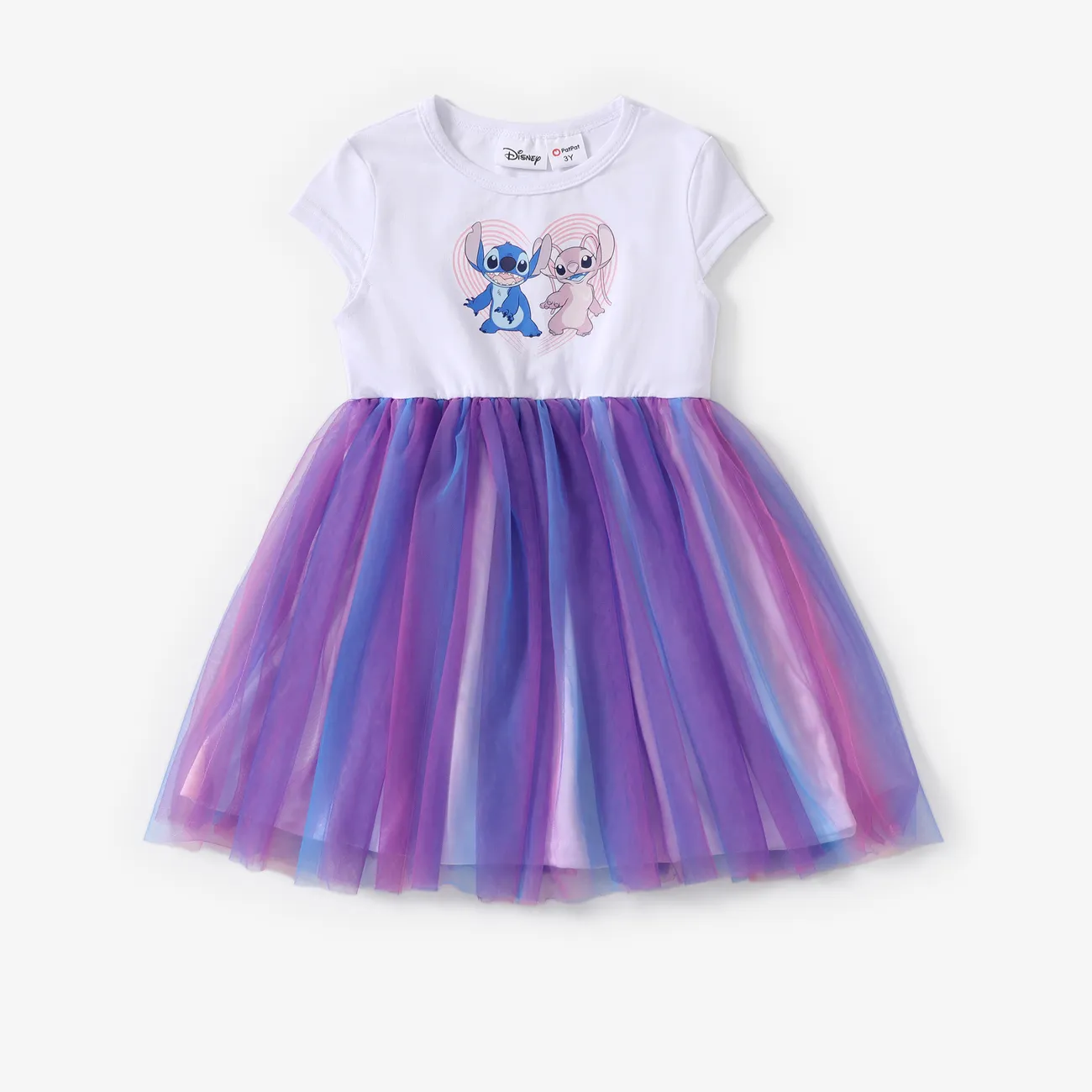 Disney Stitch Toddler Girls 1pc Naia™/Cotton Character Heart-shape Print Mesh Dress Color block big image 1