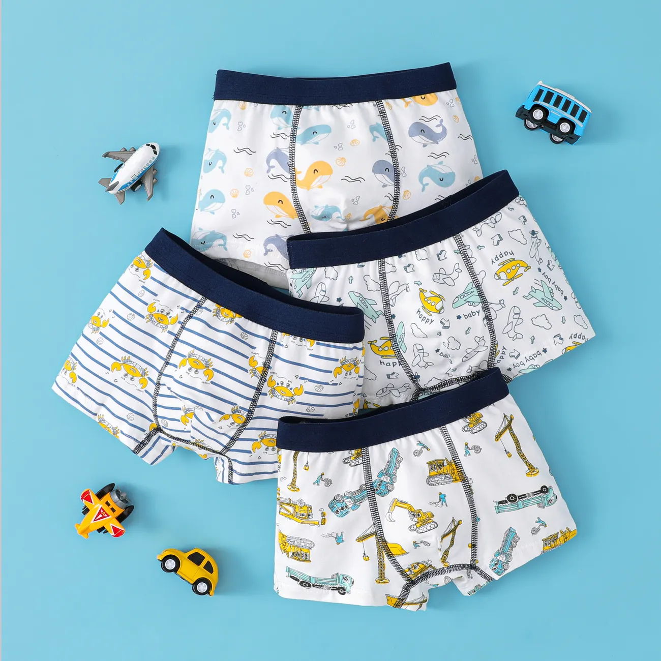 4 قطع طقم ملابس داخلية قطنية للأولاد مع عنصر بحري ، نمط طفولي أزرق big image 1