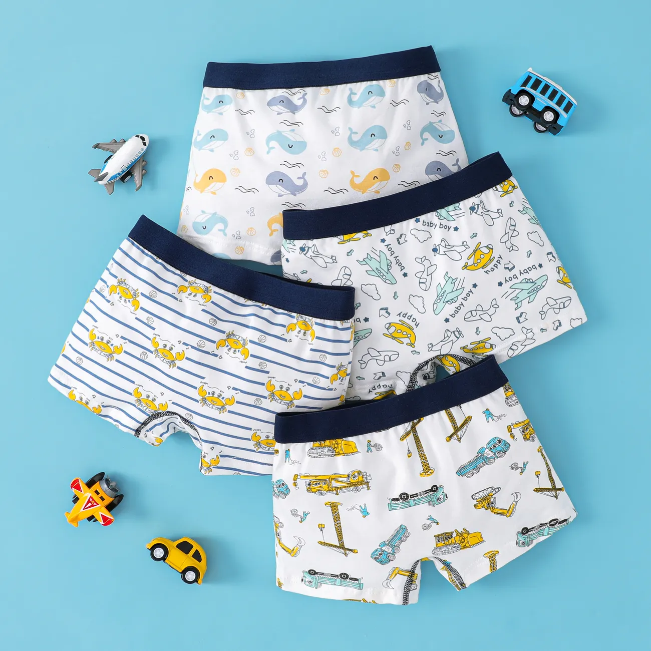4 قطع طقم ملابس داخلية قطنية للأولاد مع عنصر بحري ، نمط طفولي أزرق big image 1
