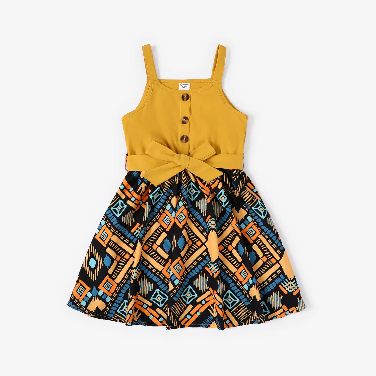 Kinder Mädchen Knöpfe Ethnisches Muster Kleider gelb big image 1