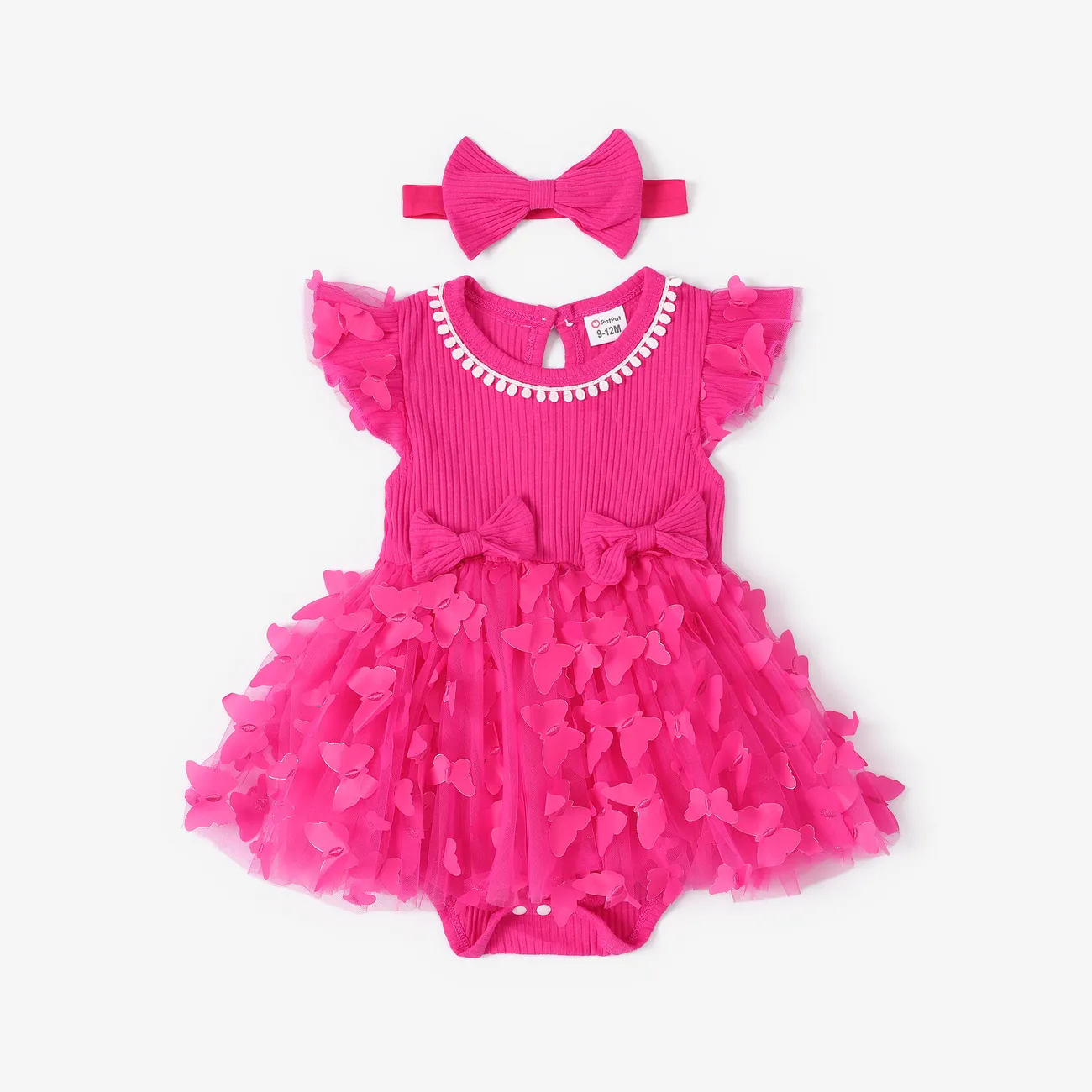 2pcs Baby Girl Sweet Mesh Solid Pink Butterfly and Ruffle Edge Dresses and Hairpin Set  Pink big image 1