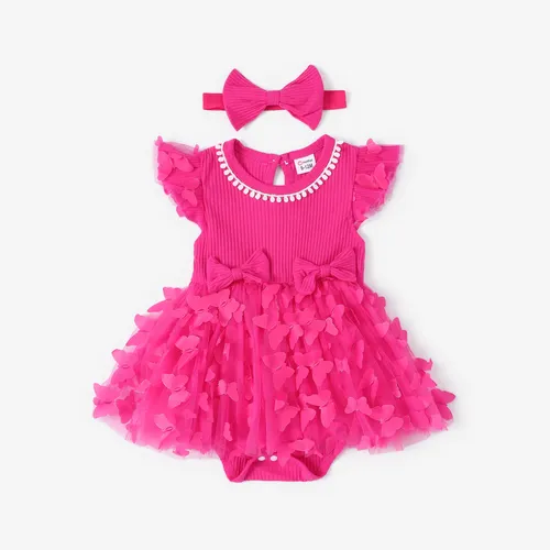 2pcs Baby Girl Sweet Mesh Solid Pink Butterfly and Ruffle Edge Dresses and Hairpin Set 