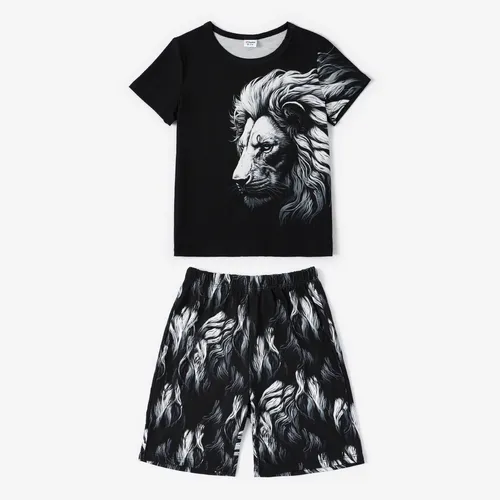  2pcs Kid Boy Animal Pattern Lion Avant-garde Regular Tee and Shorts Set 