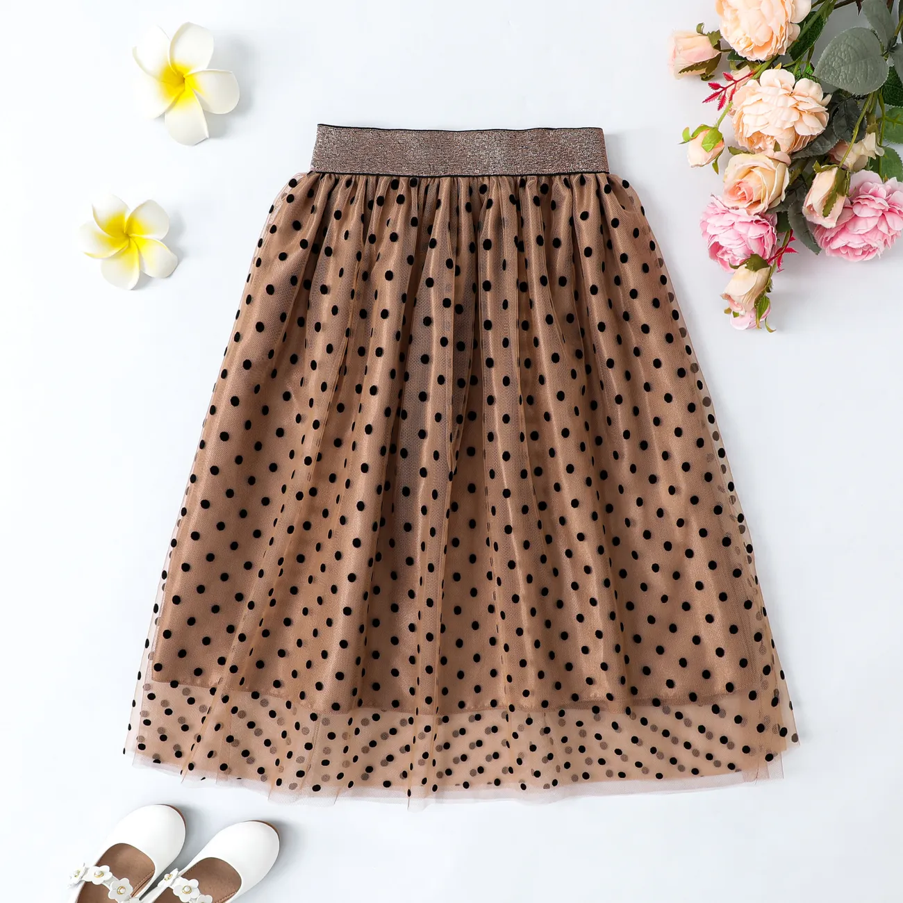 Sweet Polka Dot Multi-layered Skirt for Girls - Oversized Polyester Clothes Set Brown big image 1