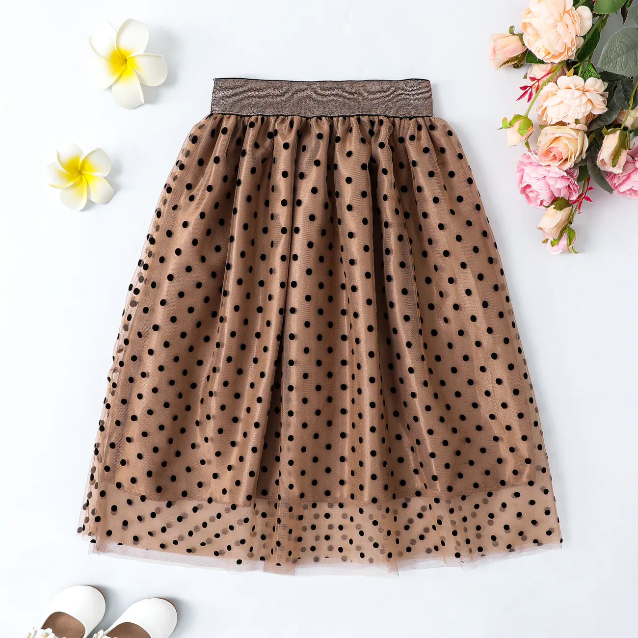 Sweet Polka Dot Multi-layered Skirt for Girls - Oversized Polyester Clothes Set Brown big image 1