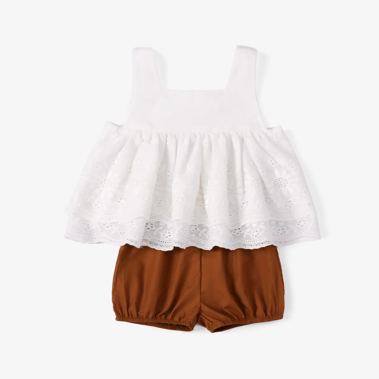 Baby Girl 2pcs Casual Embroidered Top and Shorts Set Beige big image 1