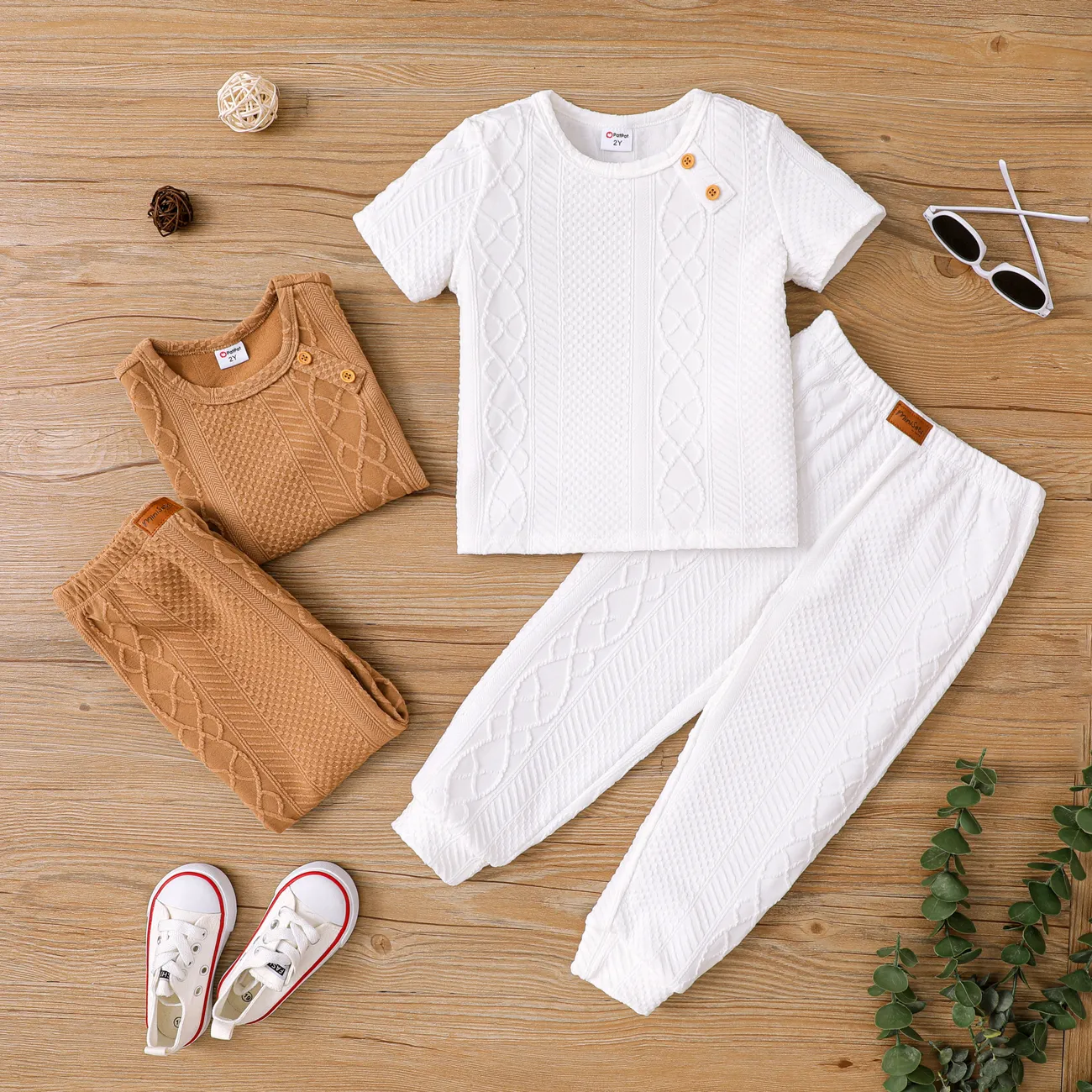 Toddler Boy/Girl 2pcs Solid Color Textural Tee and Pants Set White big image 1