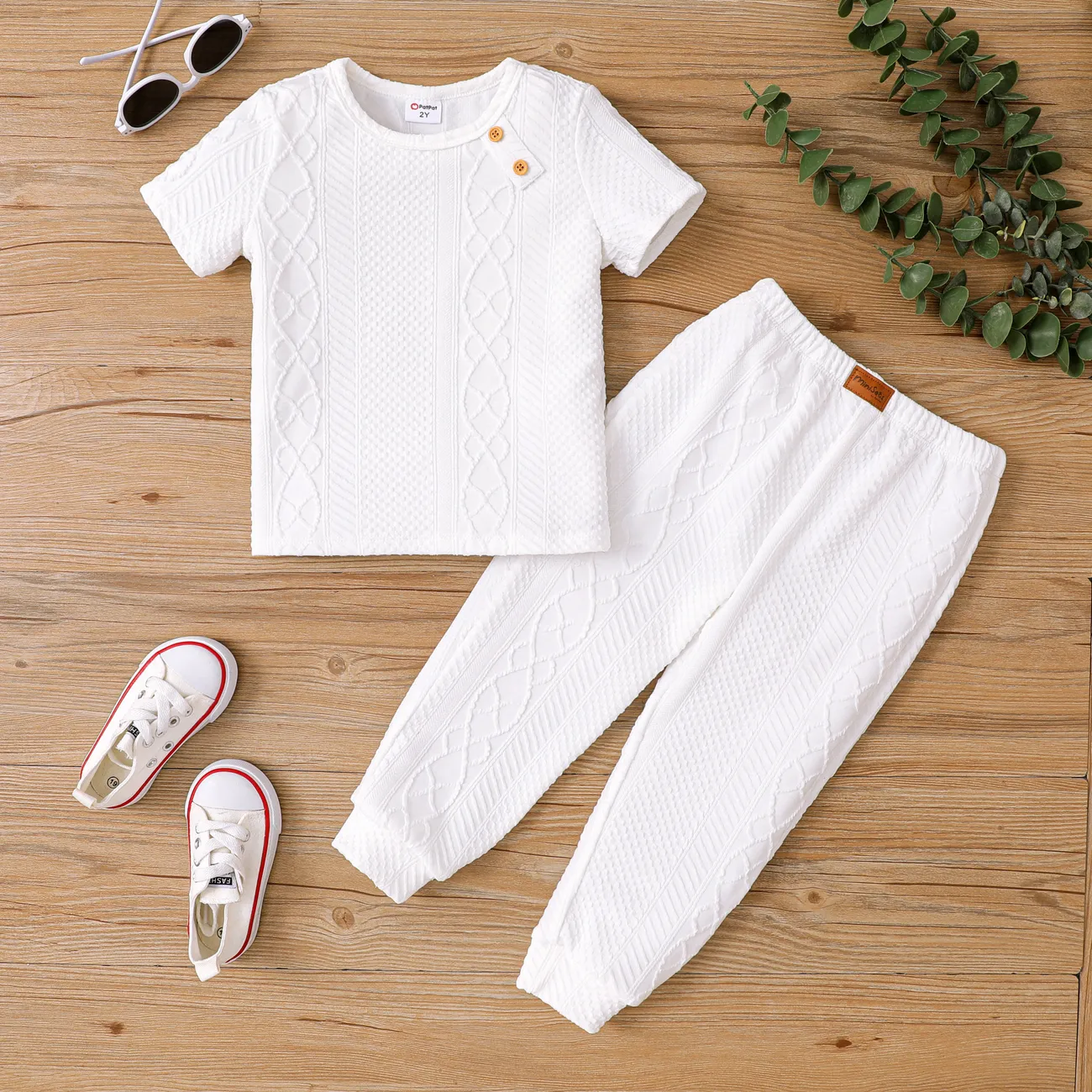 Toddler Boy/Girl 2pcs Solid Color Textural Tee and Pants Set White big image 1