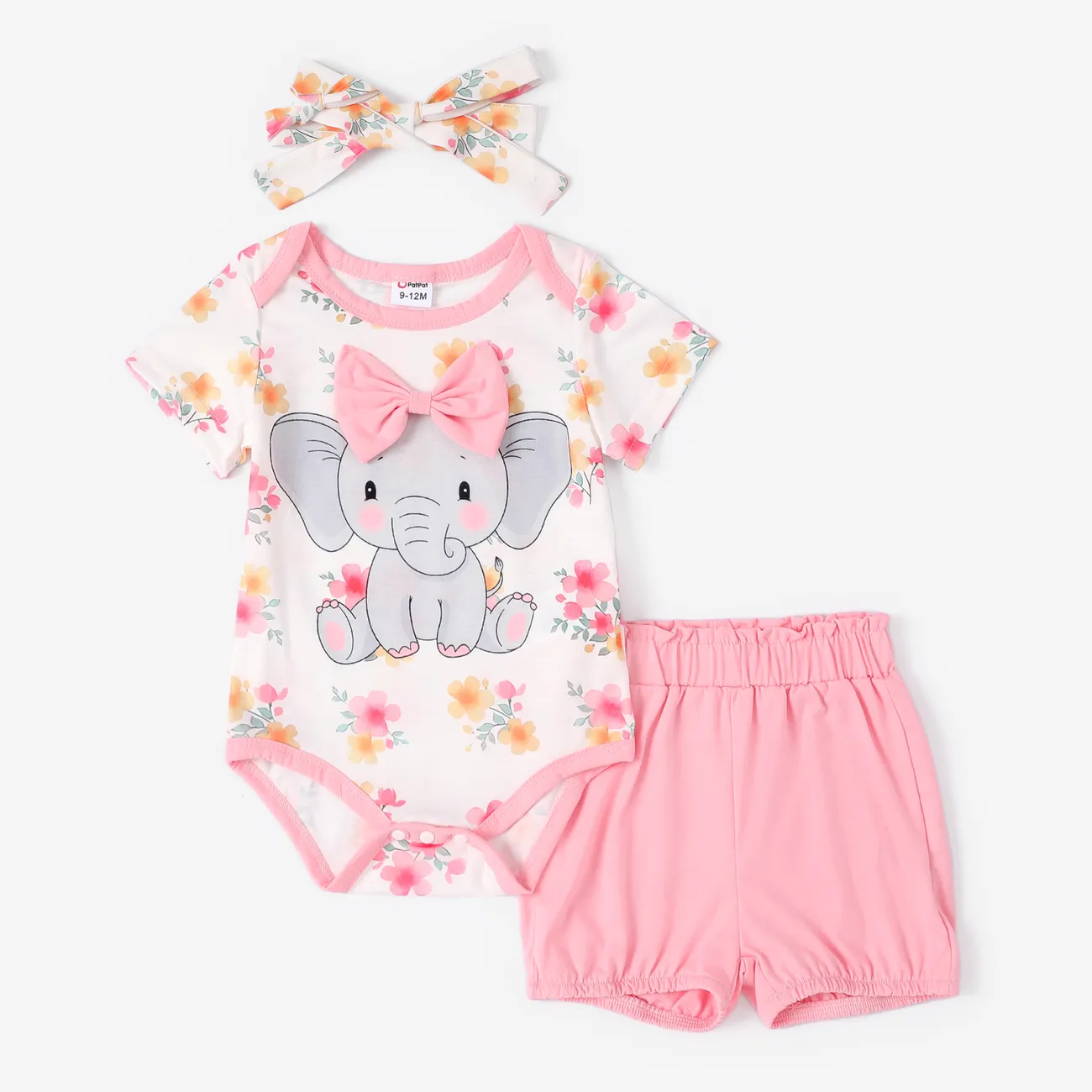 3cps Baby Girl Cute Elephant Print Romper and Shorts and Headband Set  Pink big image 1