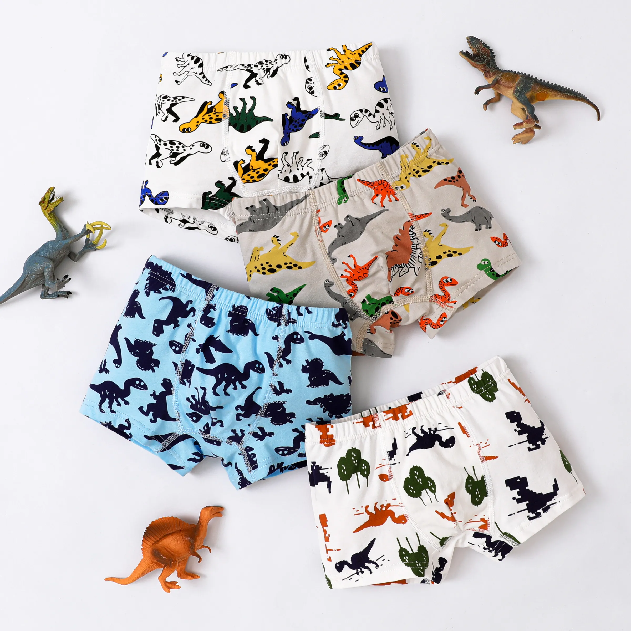 Dinosaur 4pcs Boy Underwear Set, Childlike Animal Pattern Tight Cotton Chlorofibre, Machine Wash