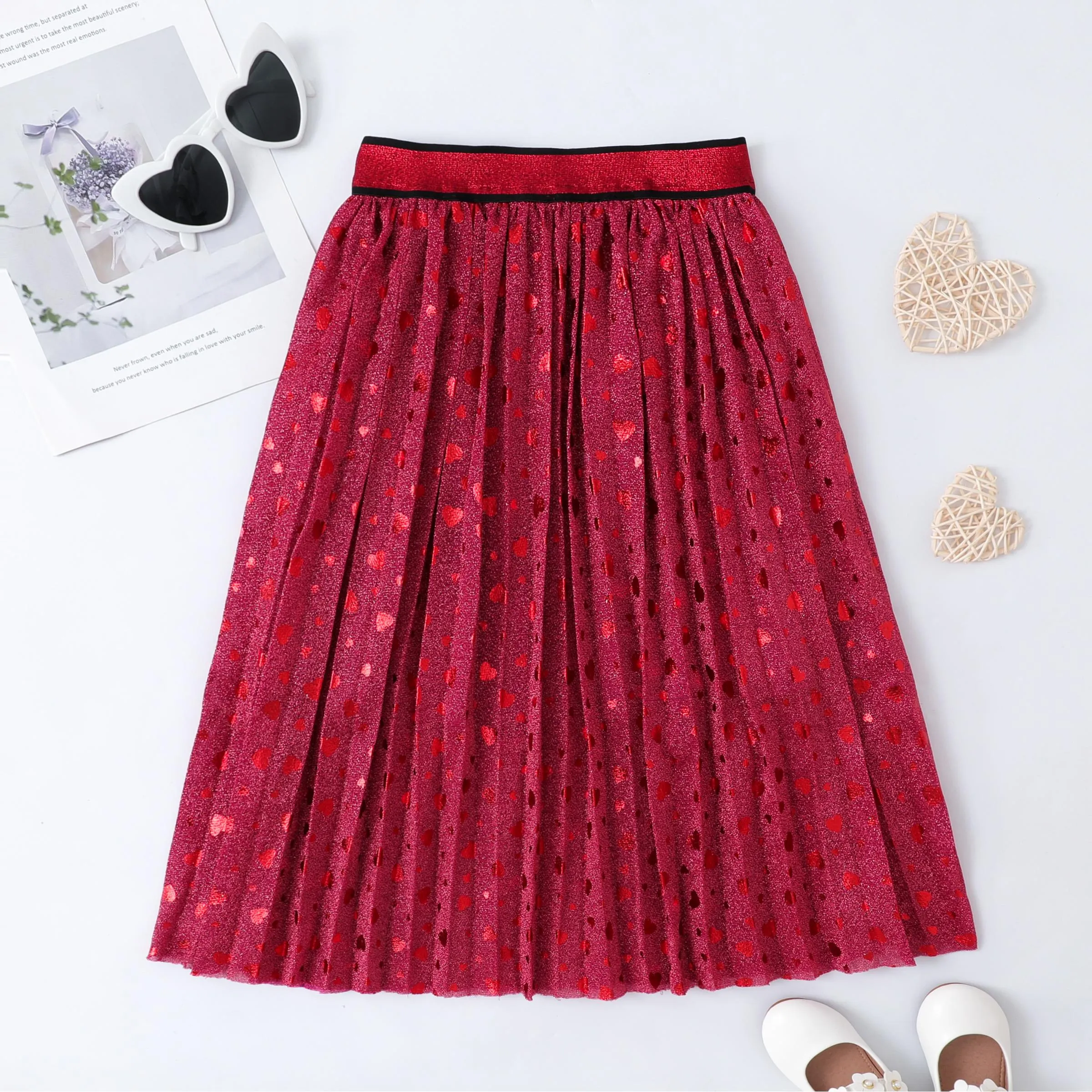 Heart-Shaped Pleated Mesh Skirt for Girls - Sweet Loose-Type Polyester and Spandex Blend