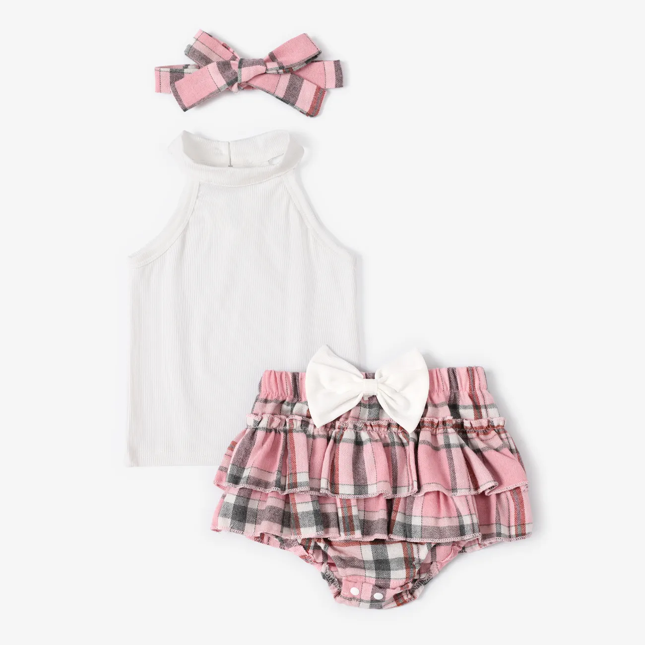 3pcs Baby Girl Sweet  Set with Ruffle Edge in Grid/Houndstooth Pattern Pink big image 1