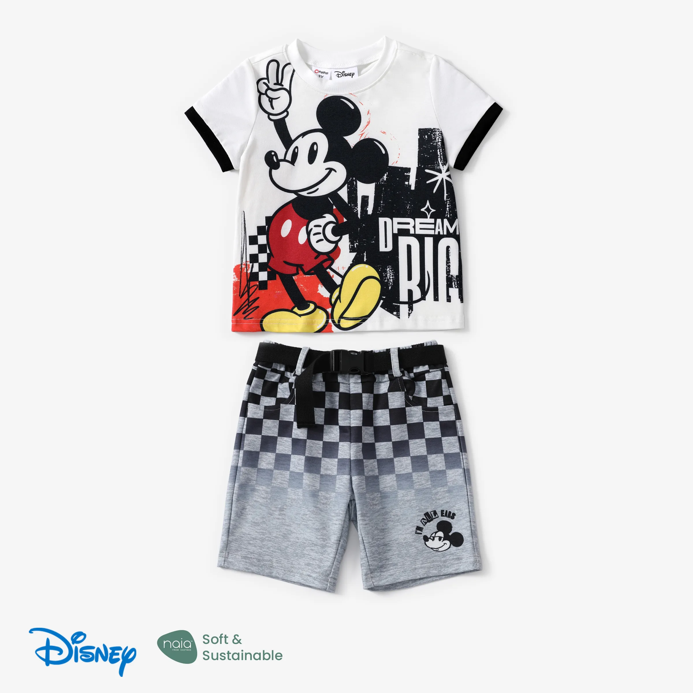 迪士尼米奇和朋友蹣跚學步/兒童男孩 2 件 Naia™ 米奇格紋印花上衣，帶可拆卸腰帶短褲套裝