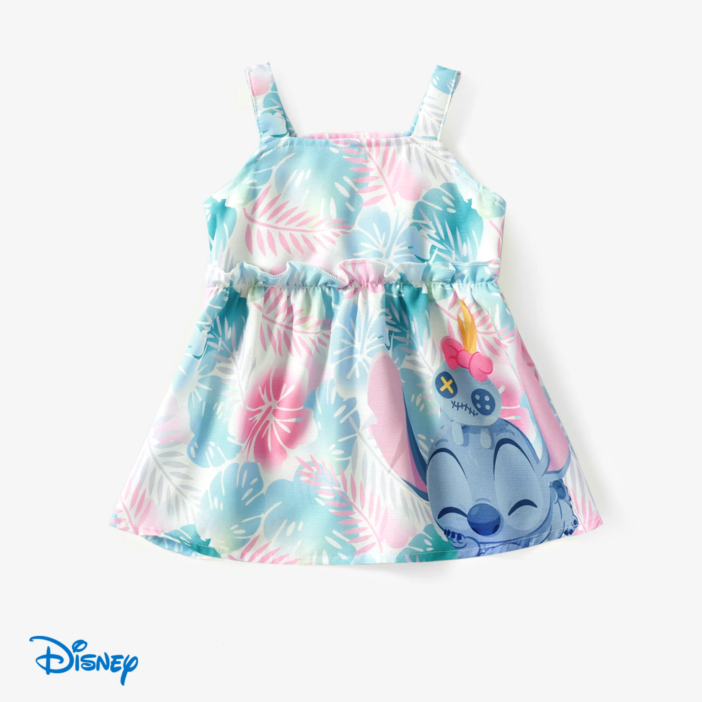 Disney Stitch Baby Girls 1件熱帶花卉印花荷葉邊無袖連衣裙