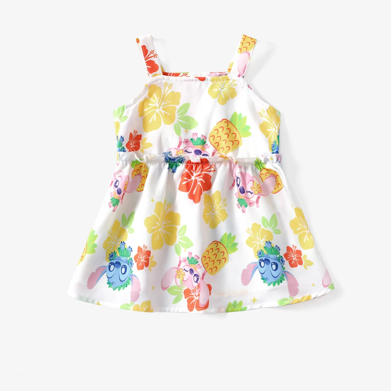 Disney Stitch Baby Girls 1pc Tropical Flower Print Ruffle Sleeveless Dress Yellow big image 1
