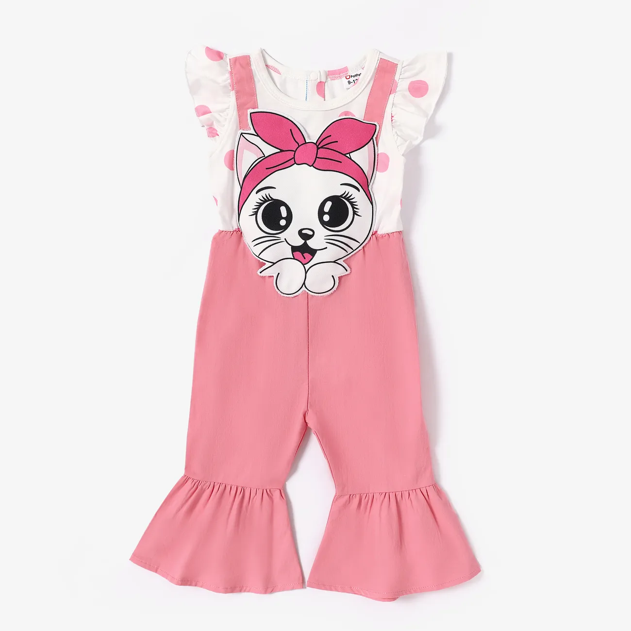 Baby Girl Cat Embroidery Polka Dots Print Colorblock Jumpsuit pink- big image 1