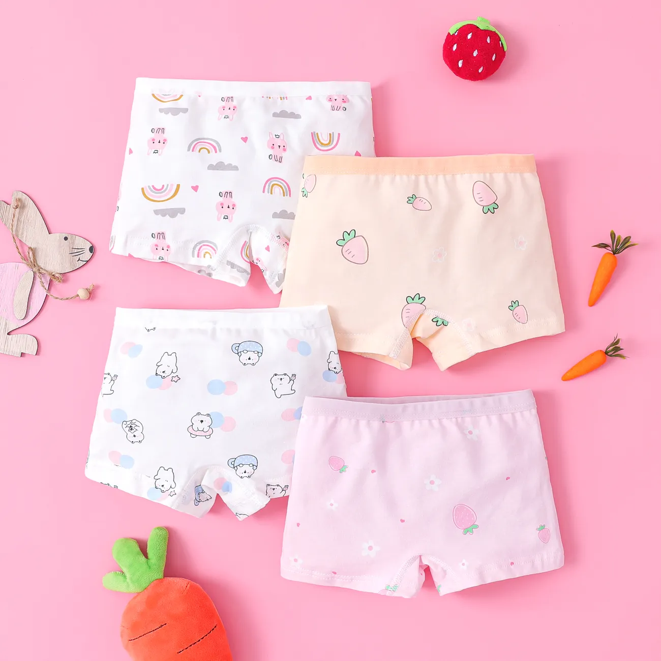Childlike Fruits and Vegetables 4pcs Cotton Tight Underwear for Girls Pink big image 1