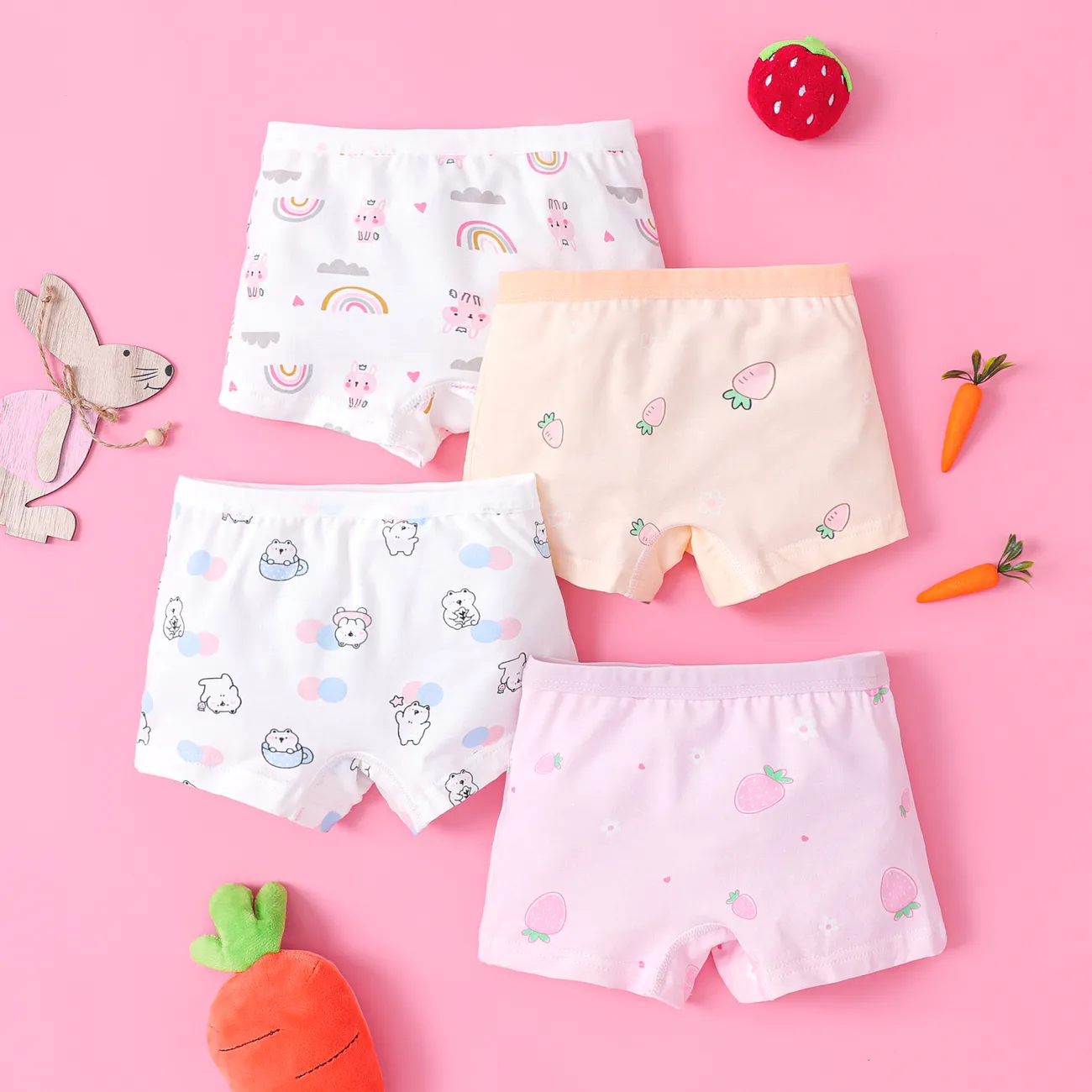 Fruits et légumes enfantins 4pcs sous-vêtements serrés en coton pour les filles Rose big image 1