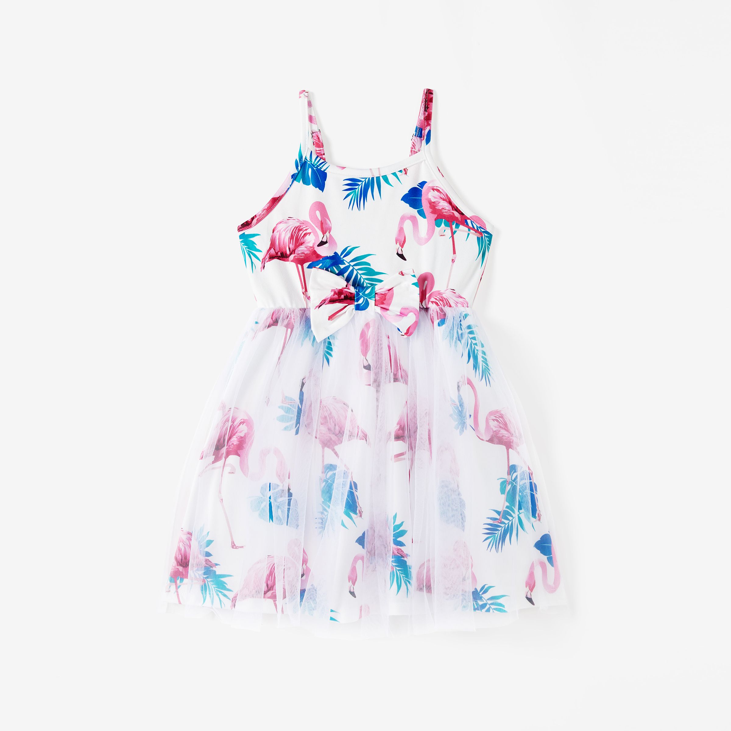 

Family Matching Sets Color Block Short-Sleeve Tee and Flamingo Print Ruched Strap Drawstring Sides Strap Dress