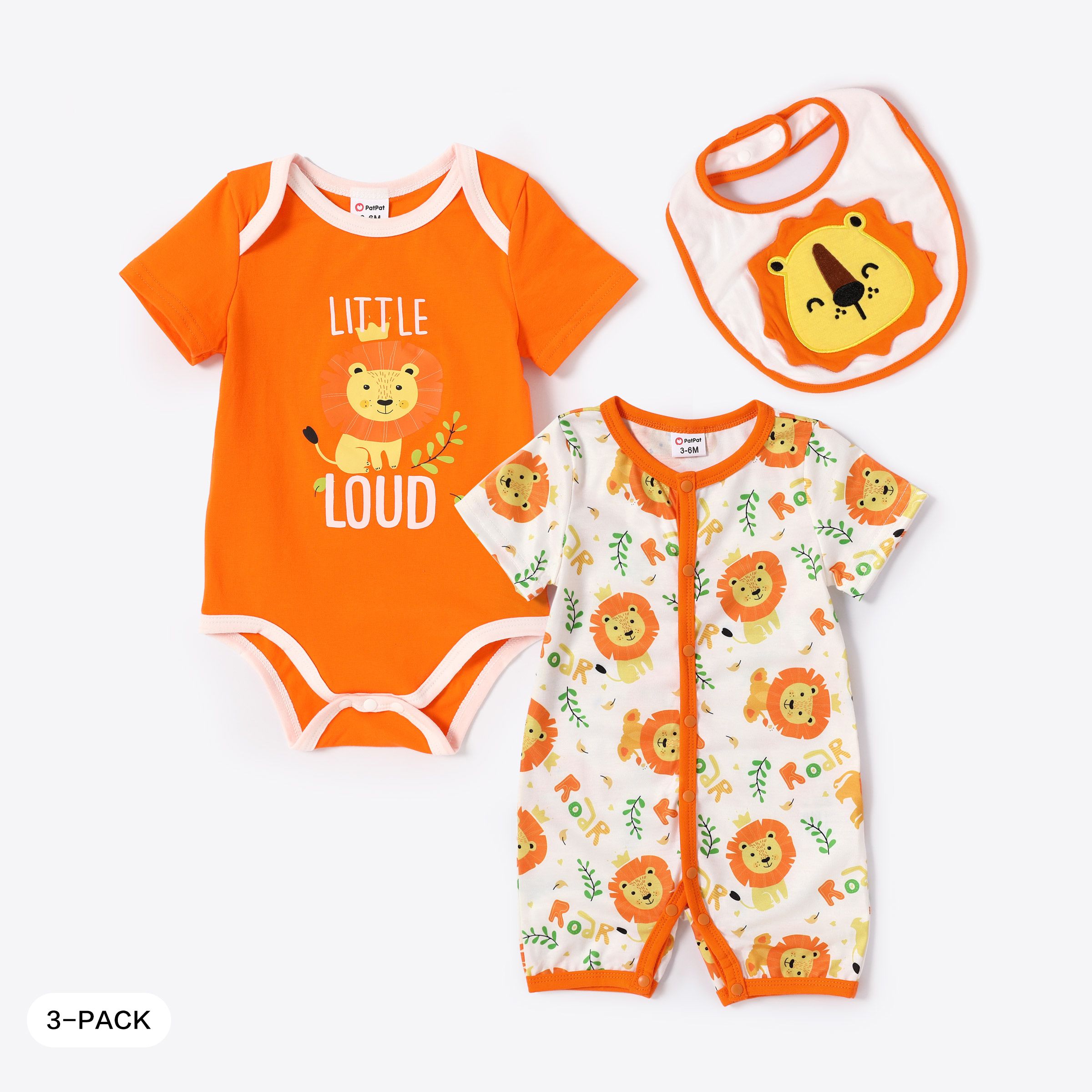 Baby Boy/Girl 3pcs Lion Print Romper and Jumpsuit and Bib Set