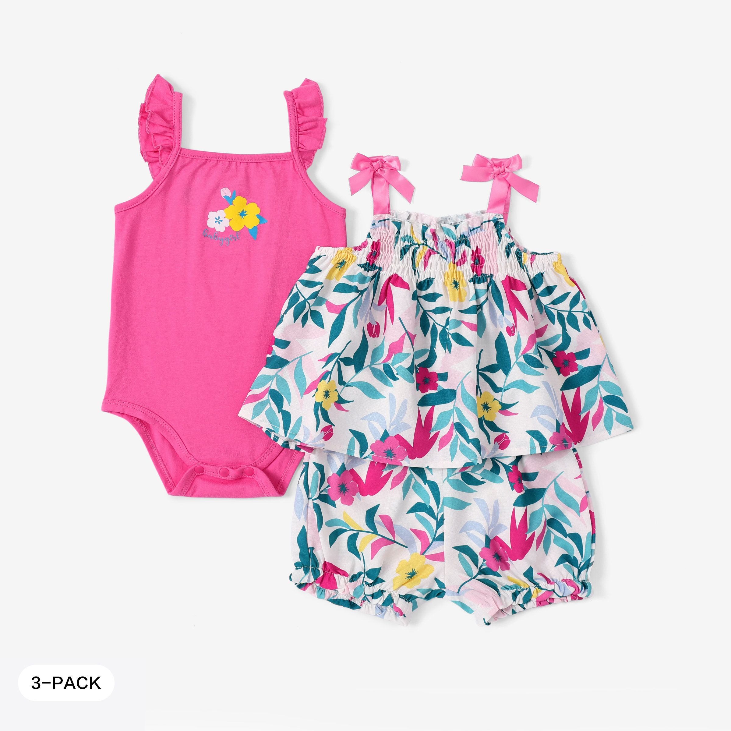 Baby Girl 3件裝荷葉邊連體褲和花卉印花吊帶上衣和短褲套裝
