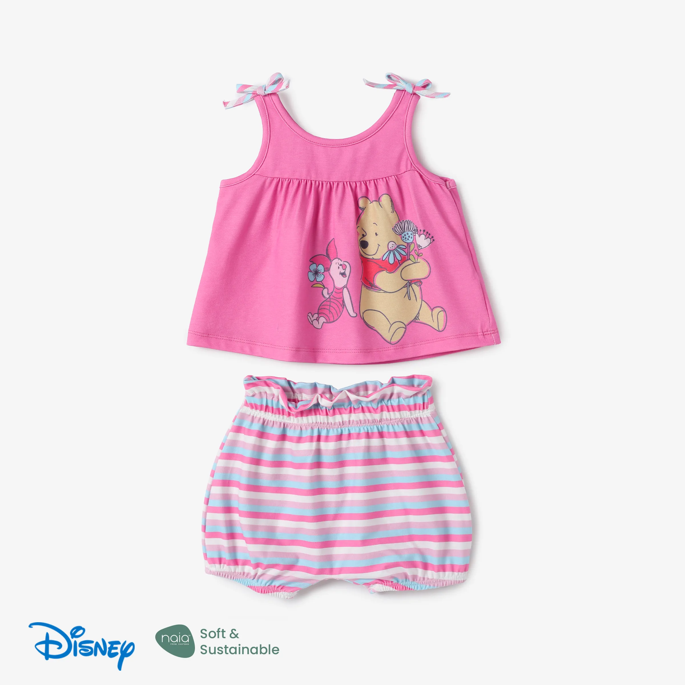 Disney Winnie the Pooth Baby Girls 2pcs Naia™ Character 花卉印花無袖領結上衣搭配條紋短褲套裝