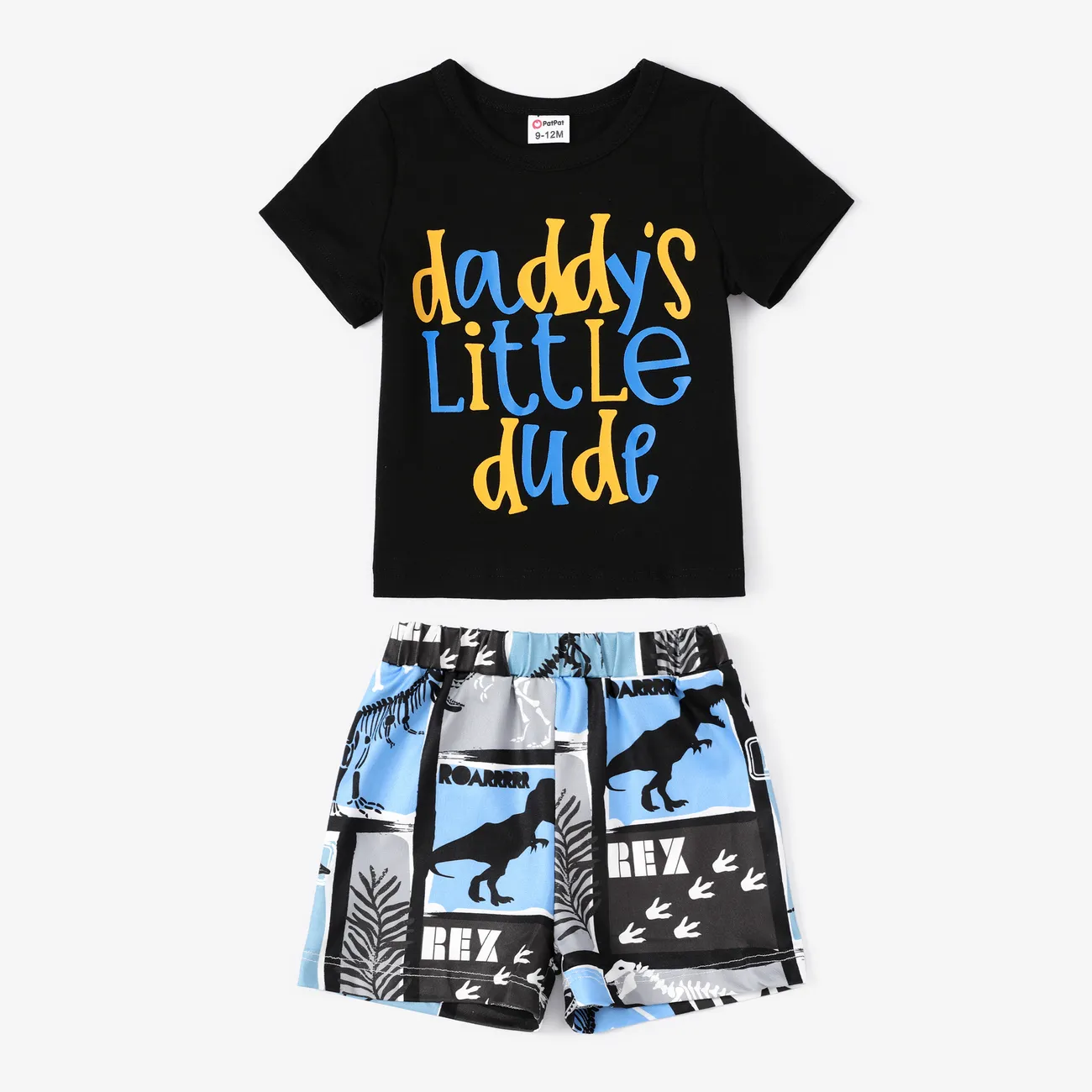2pcs Baby Boy Letter Print Short-sleeve T-shirt and Dinosaur Print Shorts Set Black big image 1