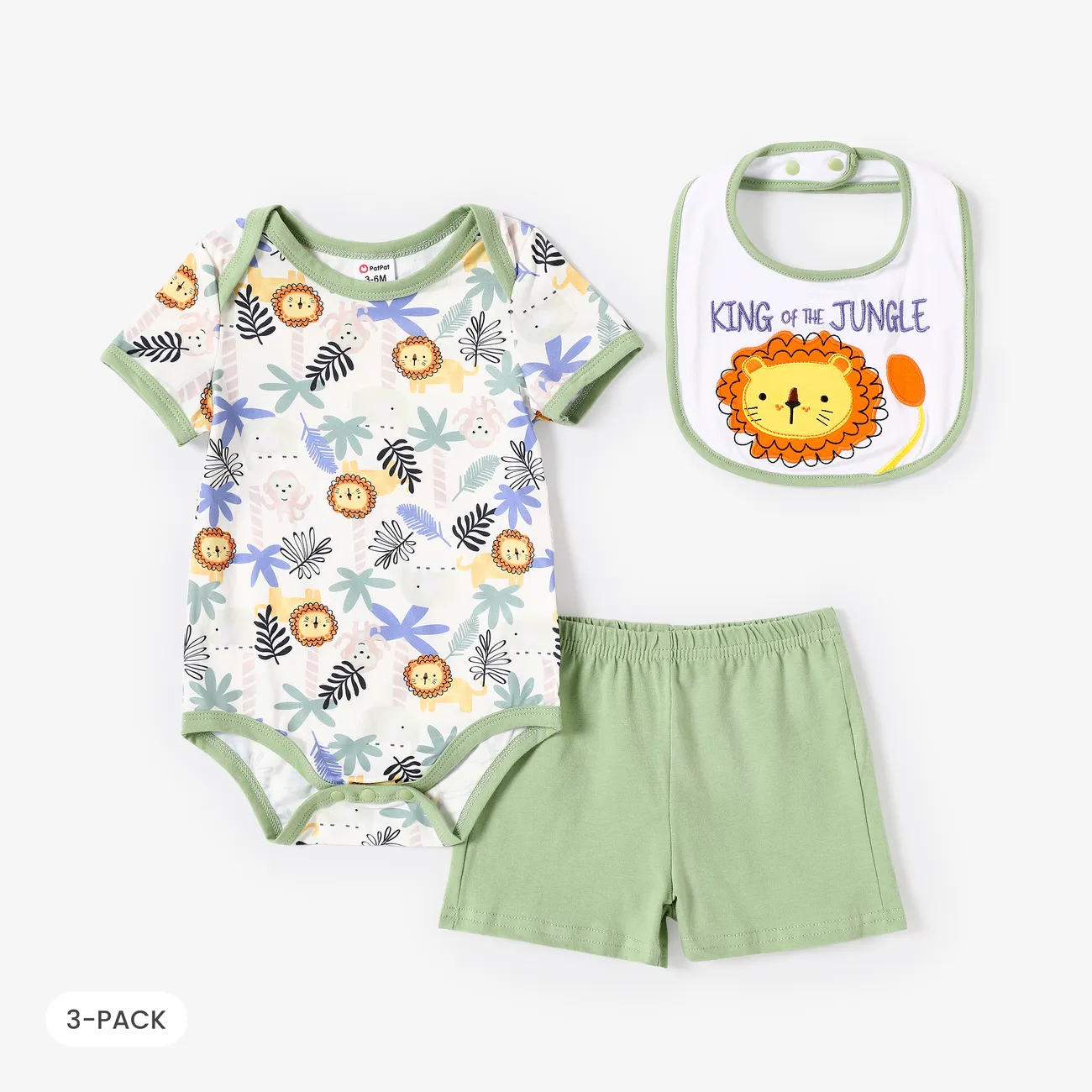 3 unidades Bebé Menino Costuras de tecido Leão Infantil Manga curta Conjunto para bebé grama verde big image 1