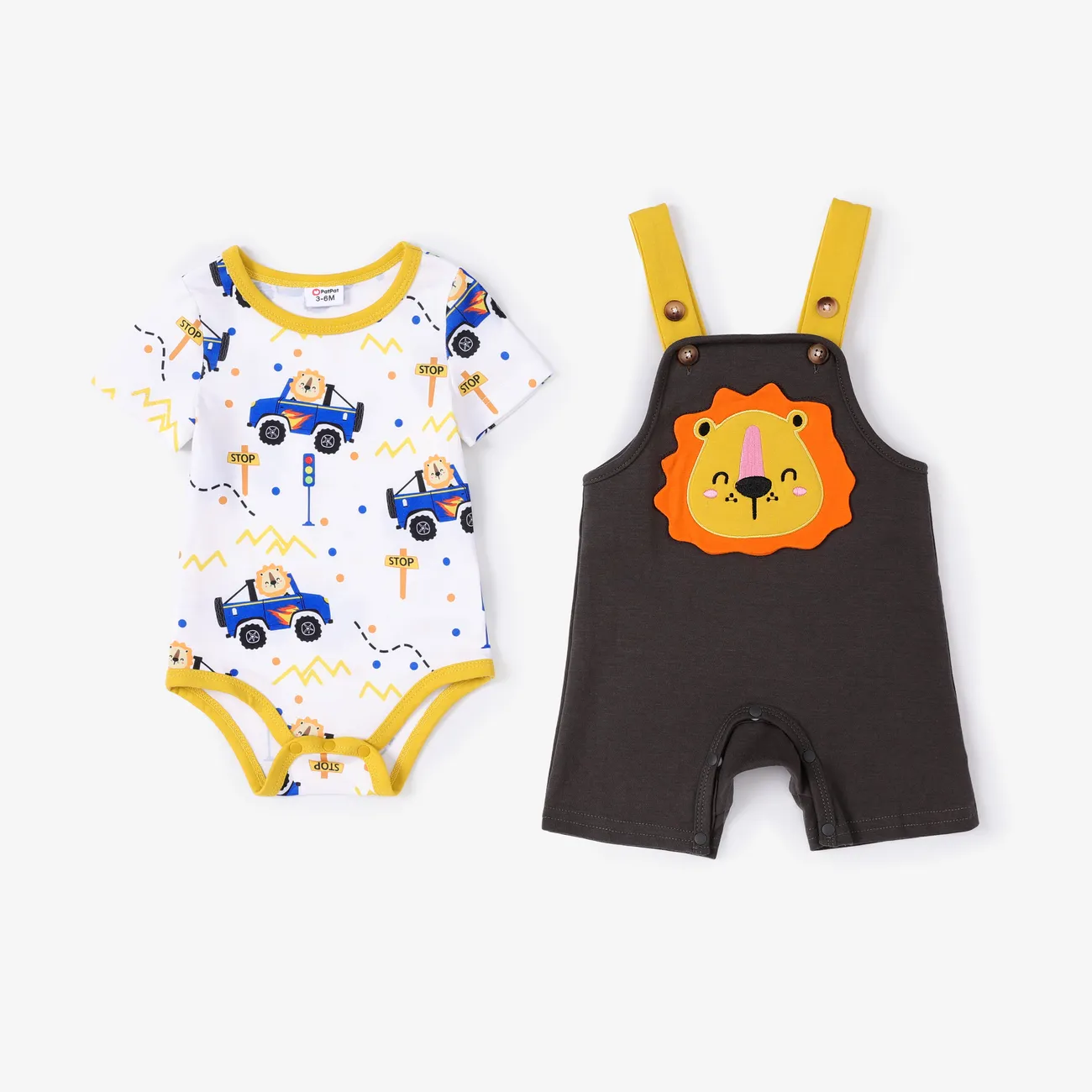Baby Boy 2pcs Lion Print Romper and Lion Embroidery Overalls Set Dark Grey big image 1