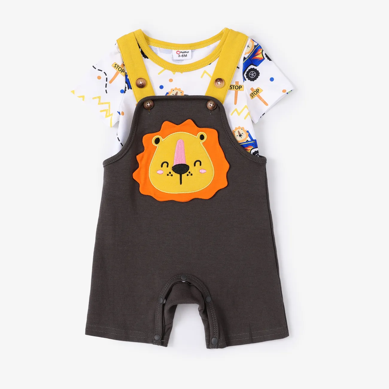 Baby Boy 2pcs Lion Print Romper and Lion Embroidery Overalls Set Dark Grey big image 1