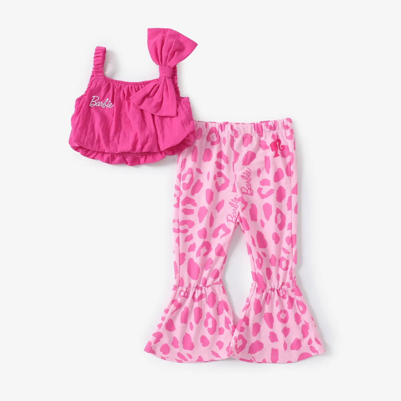 Barbie Toddler Girls 2pcs Cotton Bow Twist Sleeveless Top with Leopord Flare Pants Set Roseo big image 1