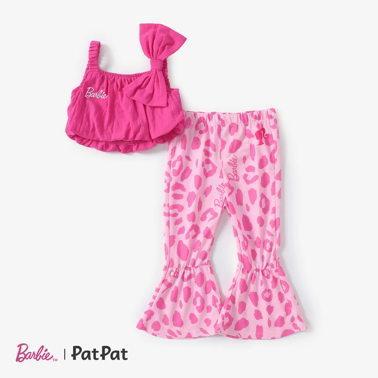 Barbie Toddler Girls 2pcs Cotton Bow Twist Sleeveless Top with Leopord Flare Pants Set Roseo big image 1