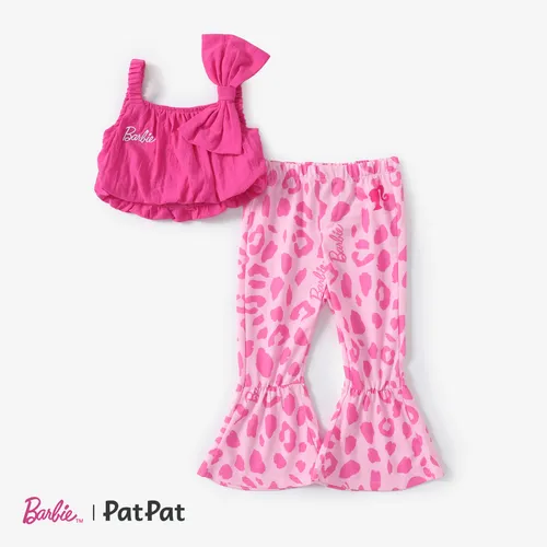 Barbie Kleinkind Mädchen 2-teiliges ärmelloses Oberteil aus Baumwolle Bow Twist mit Leopord Schlaghosen-Set