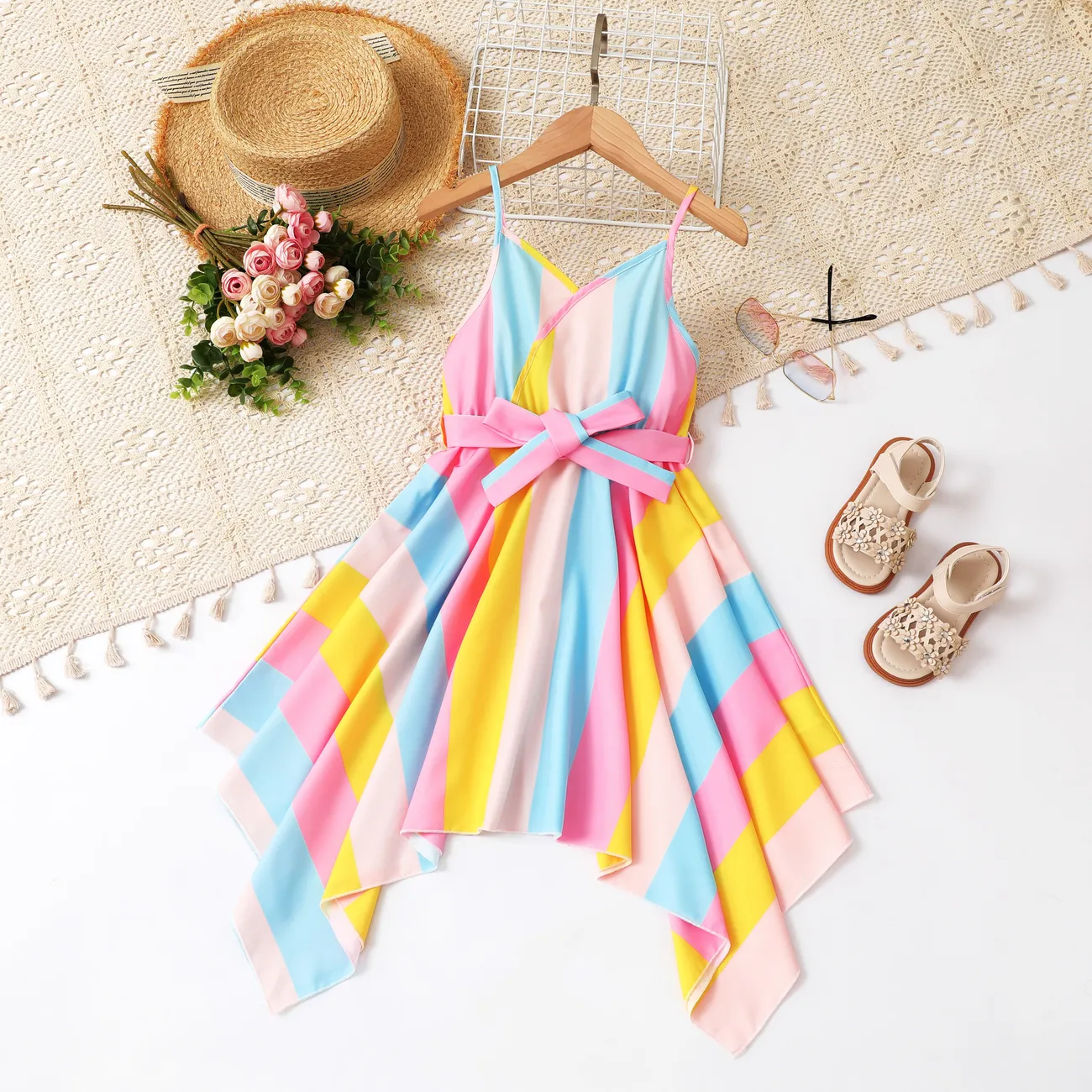 Rainbow Pleated Dress for Girls - Polyester Machine Washable School Dress Pink big image 1