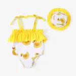 Baby Girl 2pcs Childlike Animal Ruffle Swimsuit with Hat Yellow