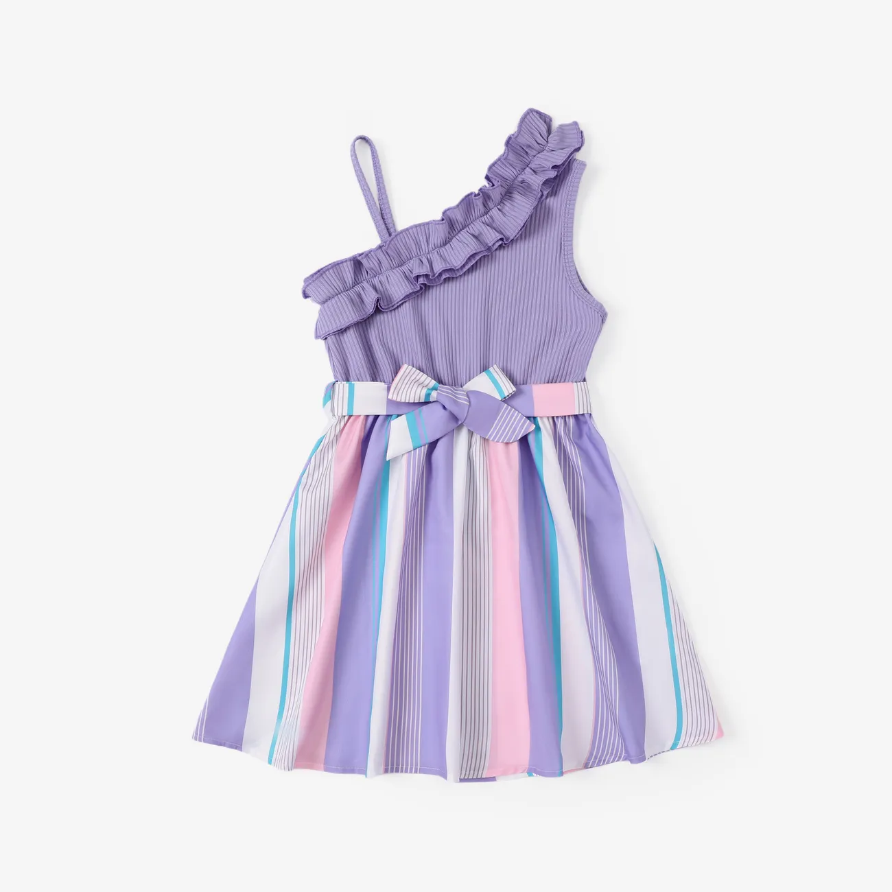 大童 女 布料拼接 條紋 連衣裙 紫色 big image 1