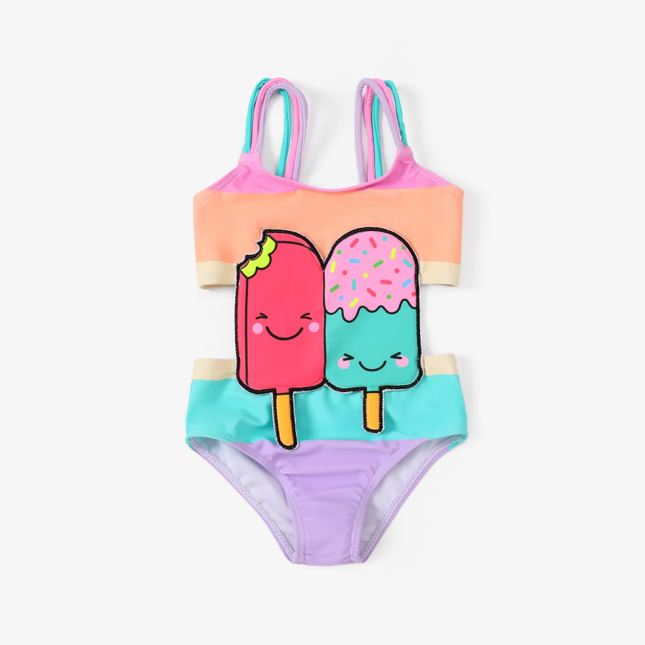 قوس قزح مخطط ملابس السباحة مع تصميم 3D للأطفال متعدد الألوان big image 1