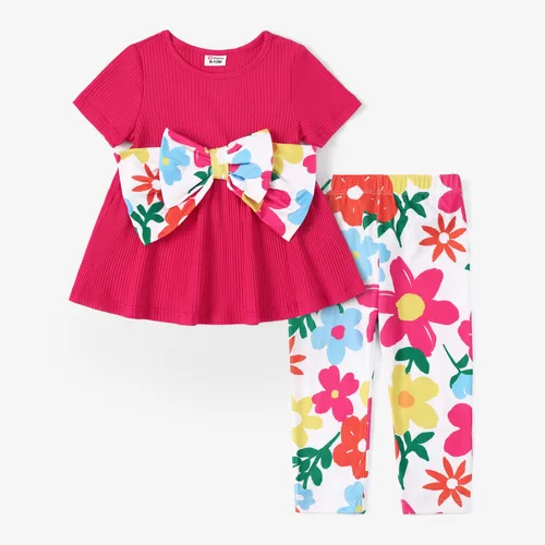 Bebê menina 2pcs bowknot design tee e floral estampa leggings conjunto