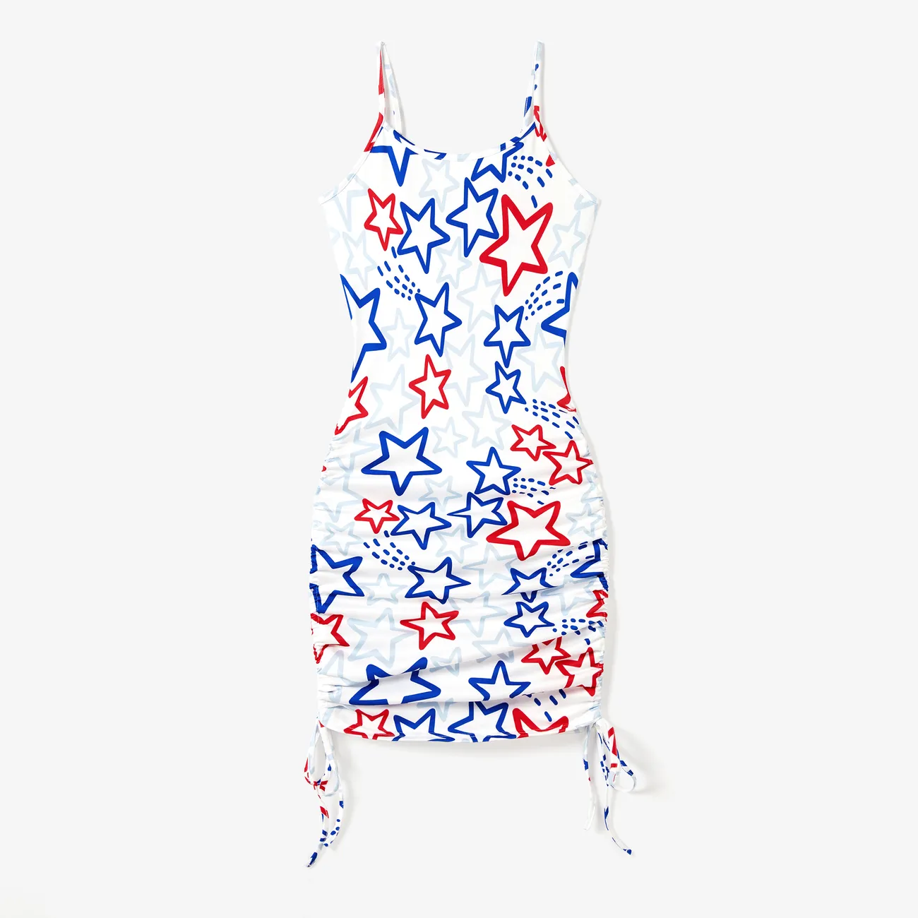 Family Matching Color Block Tee and Star Pattern Drawstring Sides Body-con Strap Dress Sets Colorful big image 1