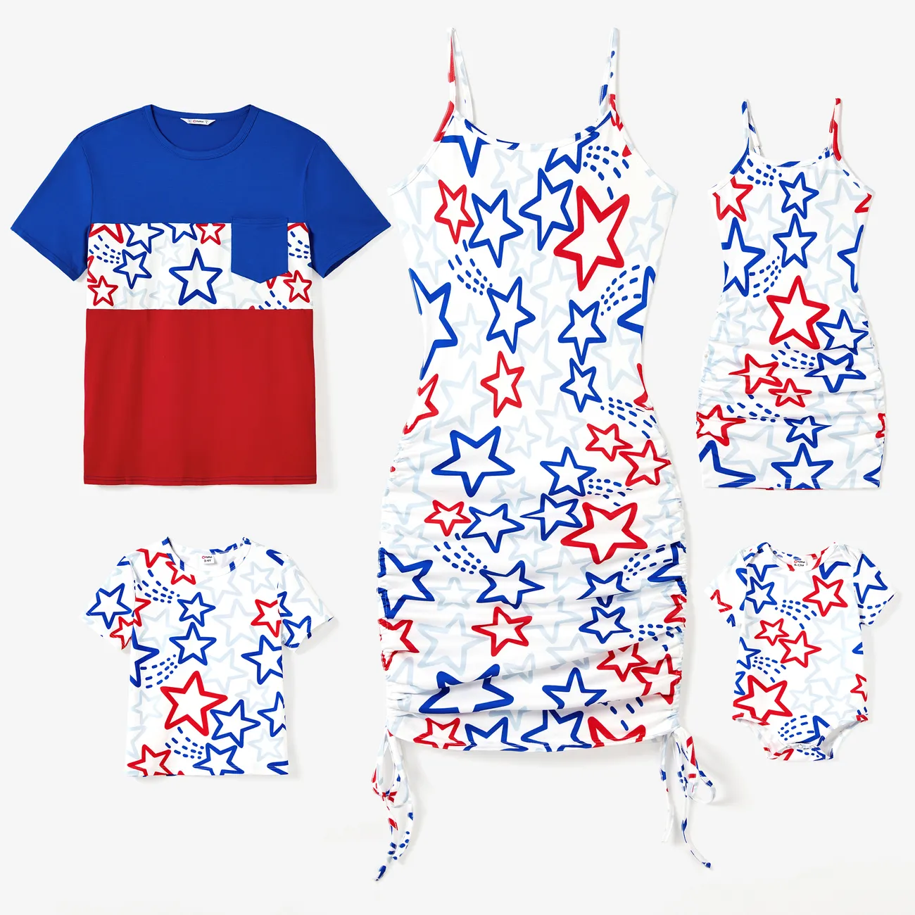Family Matching Color Block Tee and Star Pattern Drawstring Sides Body-con Strap Dress Sets Colorful big image 1