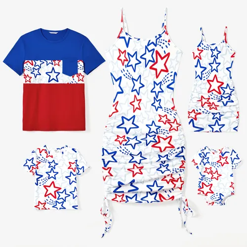 Família Combinando Cor Bloco Tee e Star Pattern Drawstring Sides Body-con Strap Dress Sets