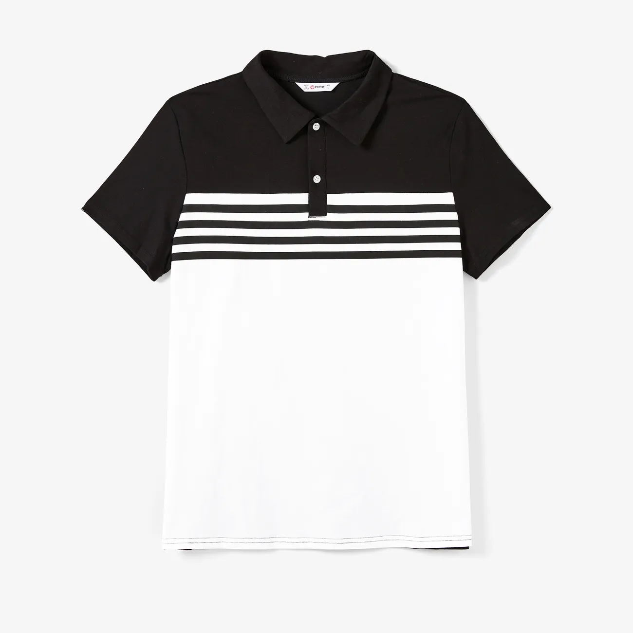 Family Matching Colorblock Polo Shirt and Stripe Dye-Tie High Neck Halter Belted Dress Sets BlackandWhite big image 1