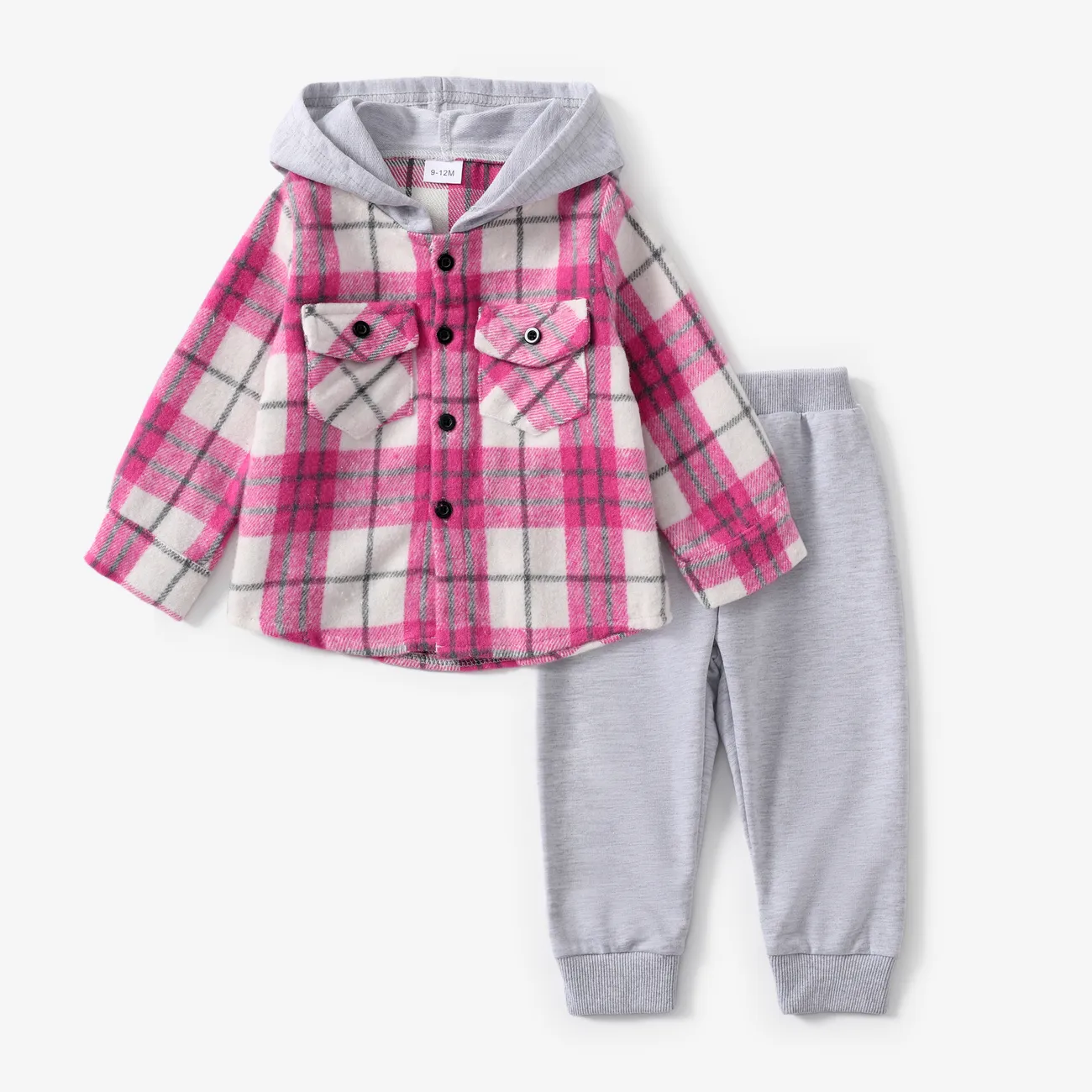 2pcs Baby/Toddler Girl/Boy  Grid Avant-garde Set with Lapel Pink big image 1