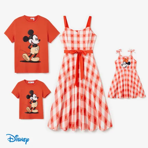 Disney Mickey and Friends Family Matching 棉質網格/千鳥格角色印花 T 恤/無袖連衣裙
