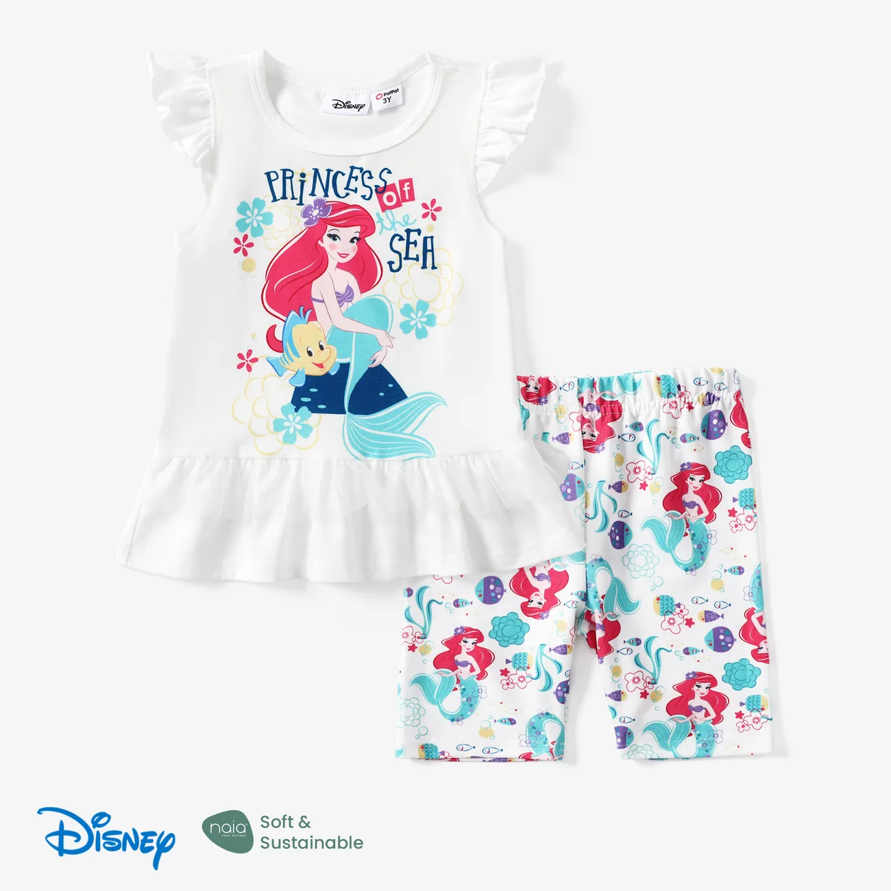 Disney Princess 2pcs Toddler Girls Naia™ Character Print Ruffled Top with Stripped Leggings Set White big image 1