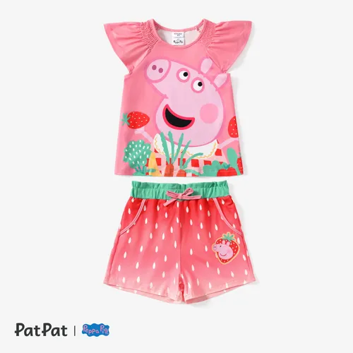 Peppa Pig Enfant en Bas Âge Filles 2pcs Fraise Personnage Imprimé Volant-Manches Top avec Shorts Set 