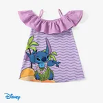 Disney Stitch Toddler Girls 1pc Character Floral Hawaii Style Print with Ruffle Off-shoulder Dress Purple