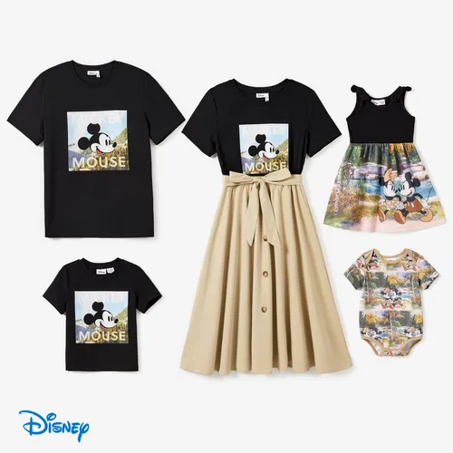 Disney Mickey e Amigos Família Combinando Naia™ Personagem Estampa Bowknot Algodão T-shirt/Vestido/Manga Curta Romper