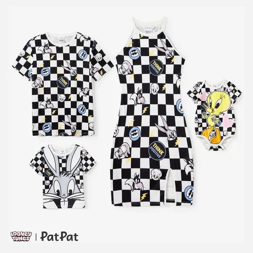 Looney Tunes Family Matching Black and White Checkered with Character Print Tee/Sleeveless Halter Dress/Romper